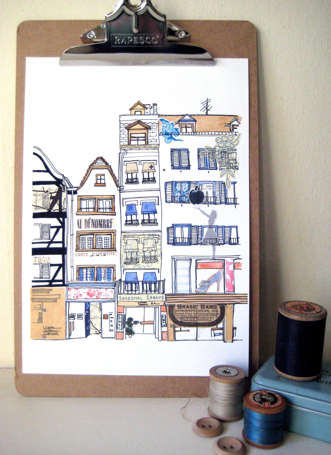 French Boutiques Original Illustration - Ink, watercolour and collage