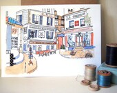 Paris Street Scene Original illustration - Ink, watercolour and collage