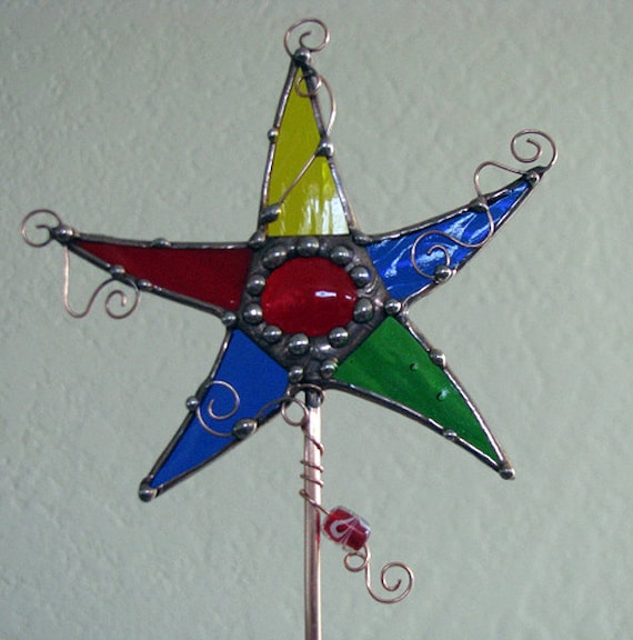 Primary colors stained glass Magic Wand Star Plant Garden STake copper art
