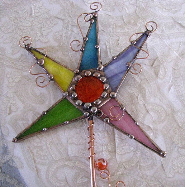 Stained glass Magic Wand Copper Art Colorful orange green purple garden stake