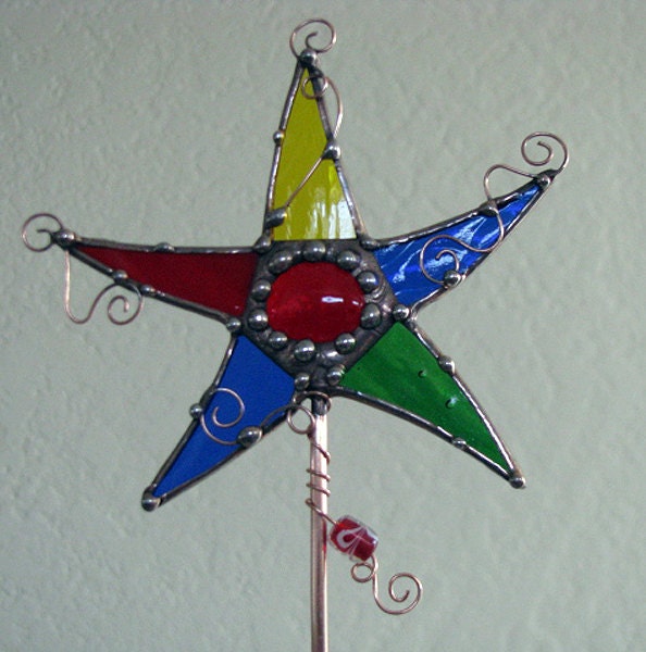 Primary colors stained glass Magic Wand Star Plant Garden STake copper art