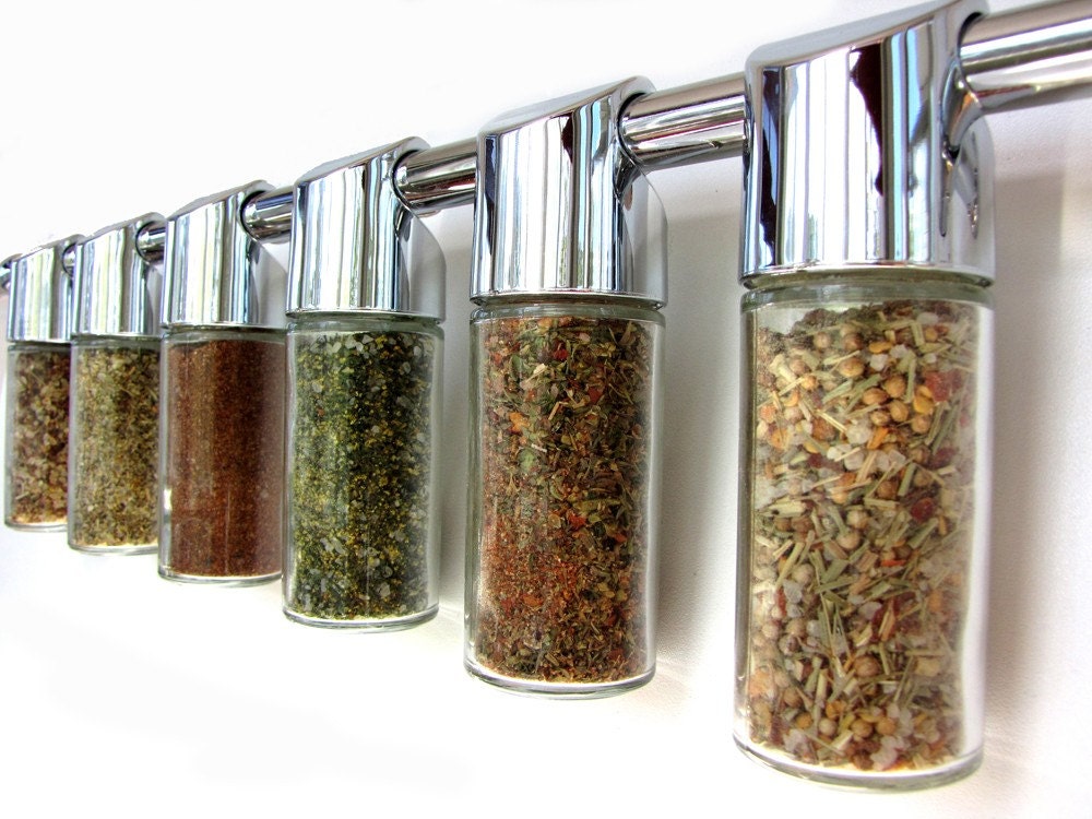 Totemspice chrome spice rack with gourmet rubs and finishing salts. featured in REAL SIMPLE, March 2011. Get cooking on the grill.