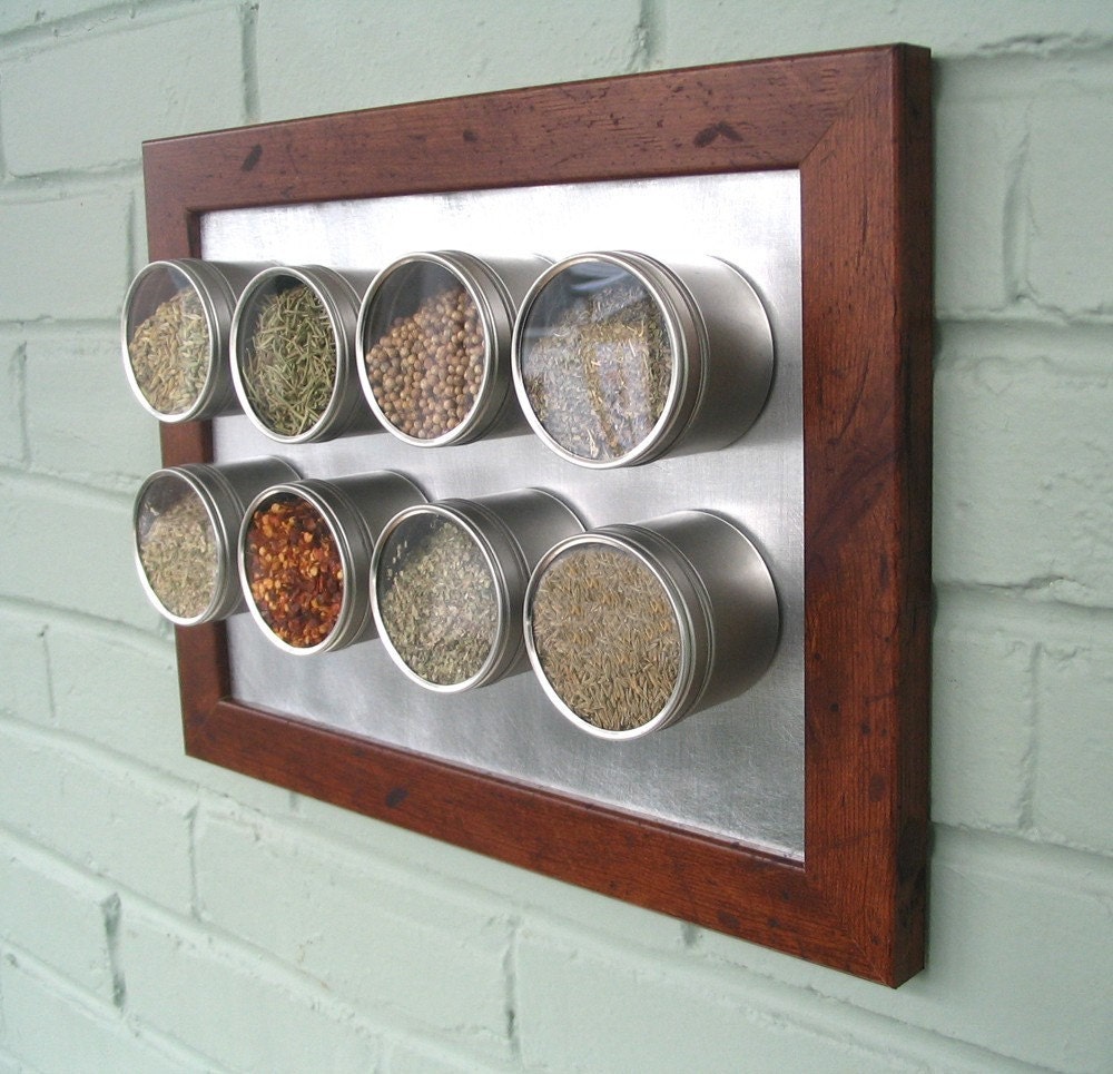 reserved for Crystal. spicelab magnetic spice rack with 16 round containers. dark brown frame. a perfect gift for a chef's kitchen.