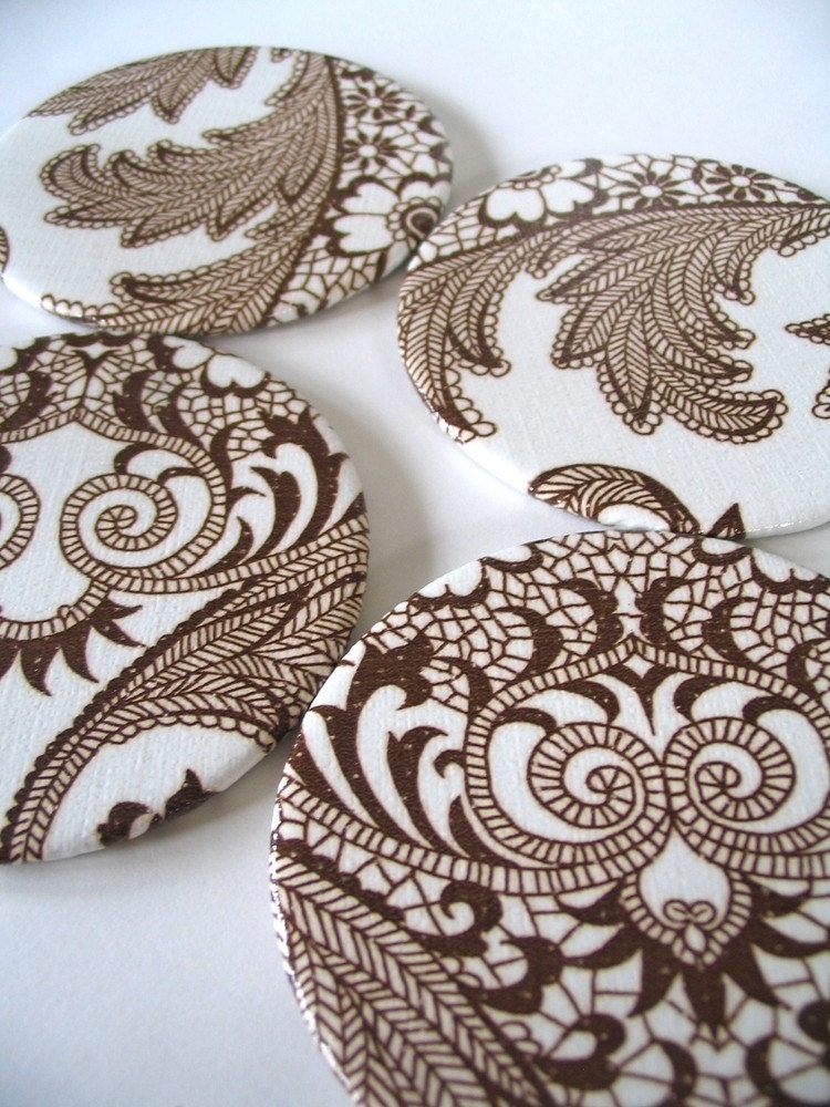 SALE- flora and fauna brown and white magnetic coasters set of four