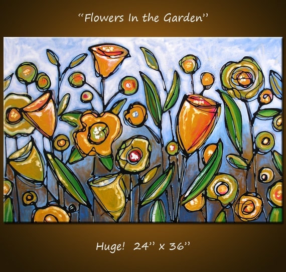 Original Large Abstract Painting Modern Contemporary Flowers Texture ... 24 x 36 ... Please see close ups