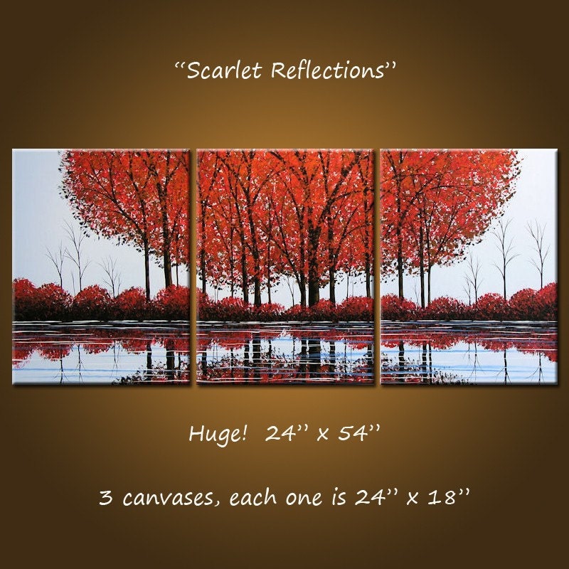 Original Large Abstract Painting Modern Trees Lake Pond .. red blue black ... 54 x 24 .. Scarlet Reflections
