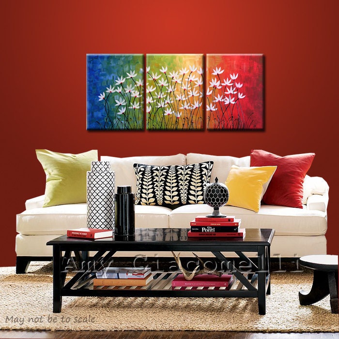 Original Large Abstract Painting Modern Contemporary Flowers .. yellow green red blue black ...24 x 54 .. Prism Garden