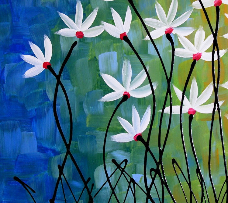 Original Large Abstract Painting Modern Contemporary Flowers .. yellow green red blue black ...24 x 54 .. Prism Garden