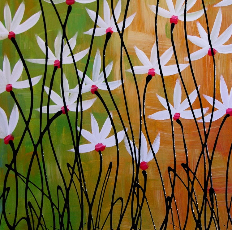 Original Large Abstract Painting Modern Contemporary Flowers .. yellow green red blue black ...24 x 54 .. Prism Garden