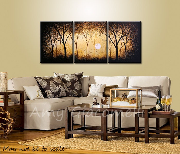 Painting Large Abstract Original Modern Contemporary Landscape Trees Sun .. white yellow brown gold black ...28 x 66 .. Valley of the Sun