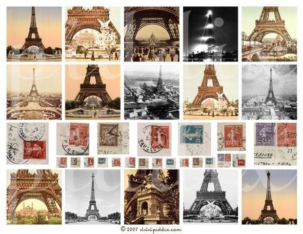 Eiffel Tower Vintage Postcards and French Stamps in 2-inch Squares -- piddix digital collage sheet no. 111