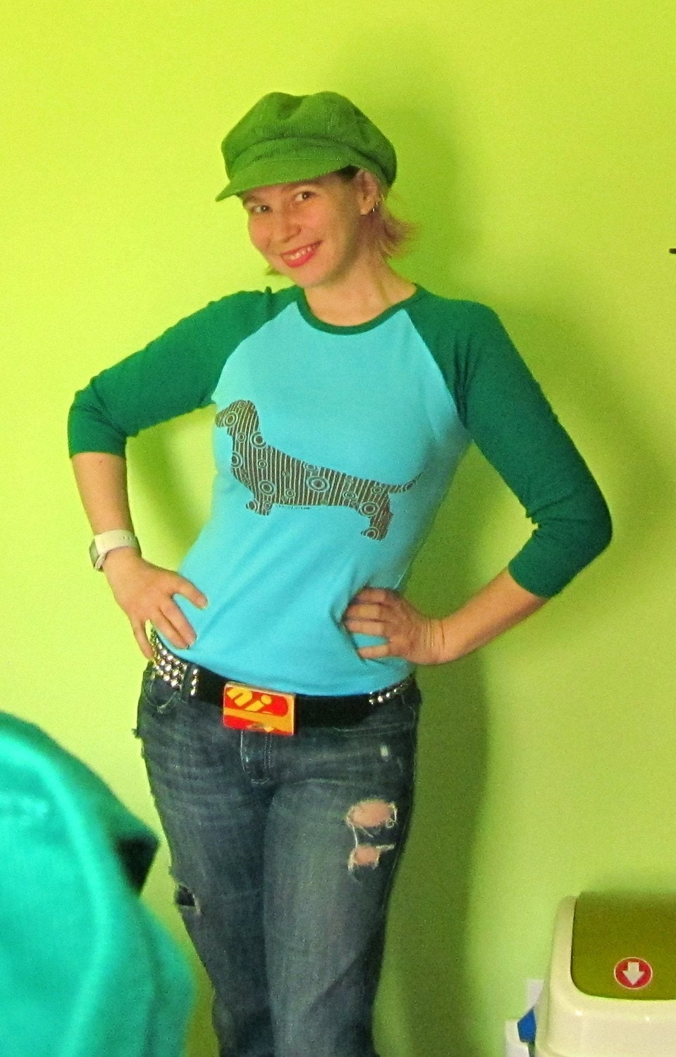 Dottie Dachshund Womens Tee Shirt (aqua and green)