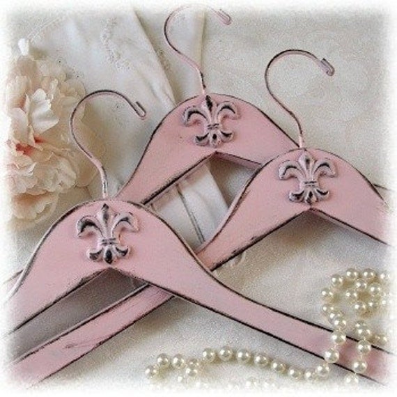 Set of 3 Shabby Pink Fleur de Lis Coat Hangers
