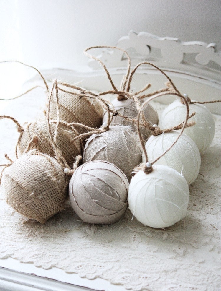 Set of 9 Rag Ball Trio. Handmade Christmas ornaments in linen and burlap.