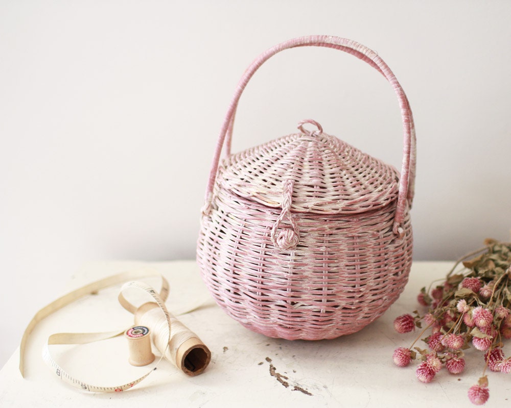 Vintage distressed pink sewing basket - cottage chic storage container