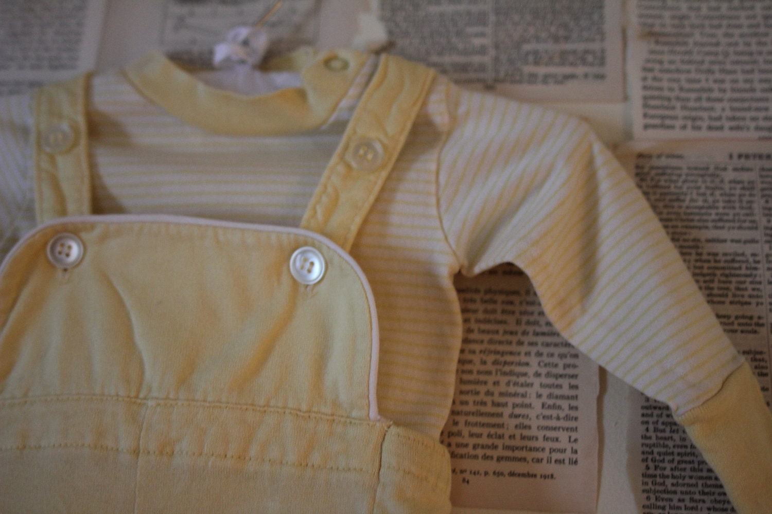 Vintage Baby Overalls and Shirt - Retro Jumper Romper - Two Piece Set Yellow and White Outfit - Baby Boy Girl Clothes Clothing Pants Suit