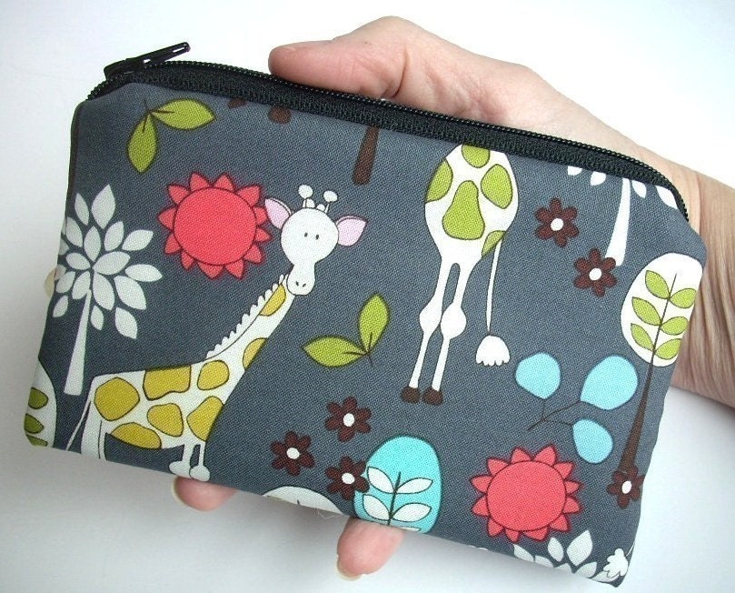 Zipper Pouch Giraffe Garden in Gray  Padded Coin Purse Gadget Case Bag