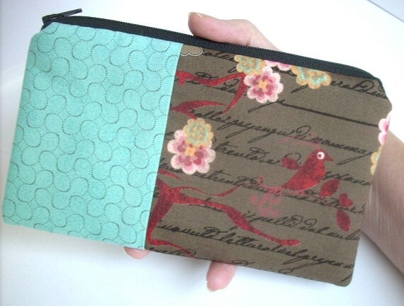 Large Zipper Pouch Cosmetic Bag Eco FRIENDLY Padded Coin purse -  Double Aqua Bird Blush in Brown