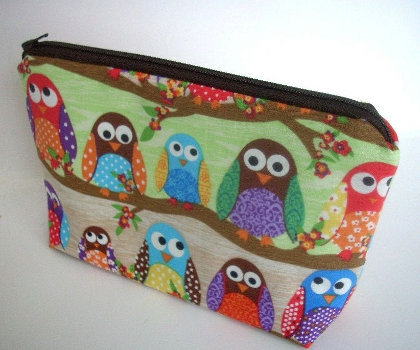 Owls in Line Large Flat bottom zipper pouch Gadget Case Cosmetic Bag ECO Friendly Padded