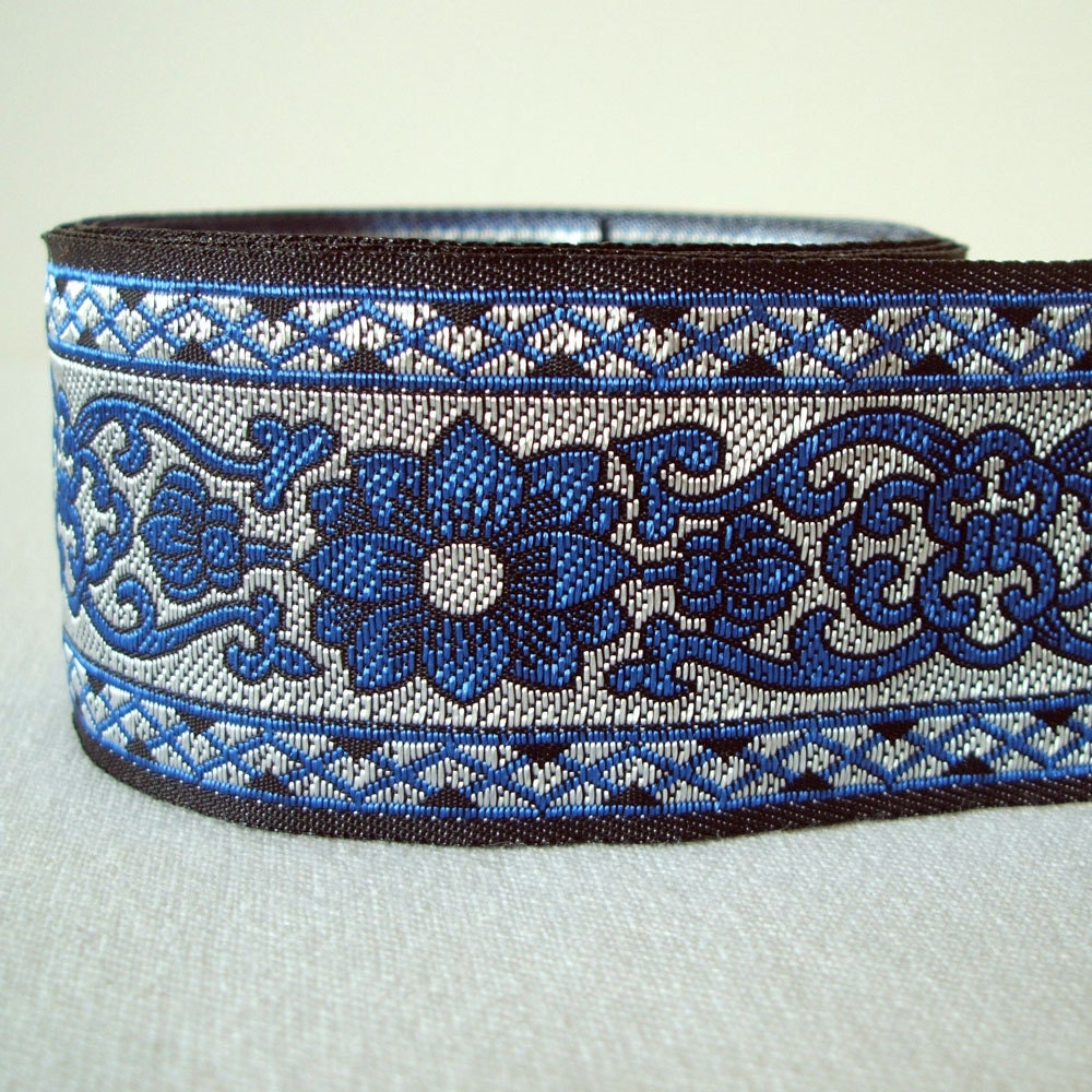 cobalt and metallic silver floral trim 1.5" wide 3 yards