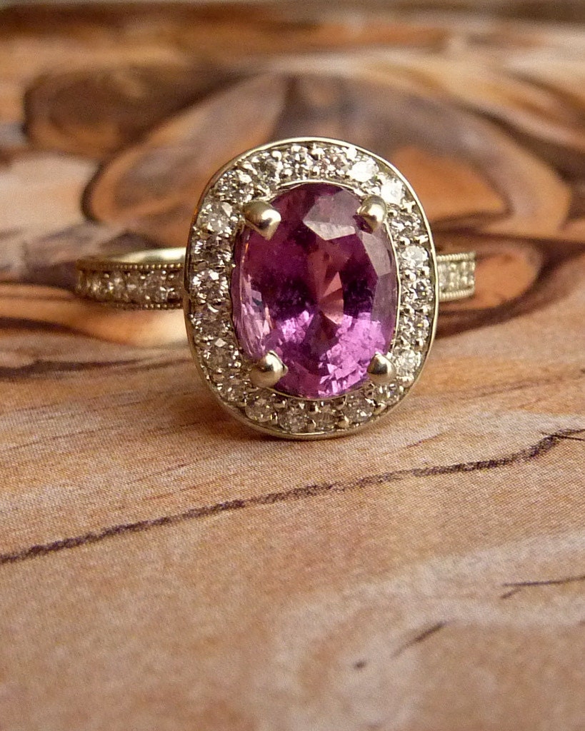 Pinky Purple Oval Sapphire and Diamond Halo Ring