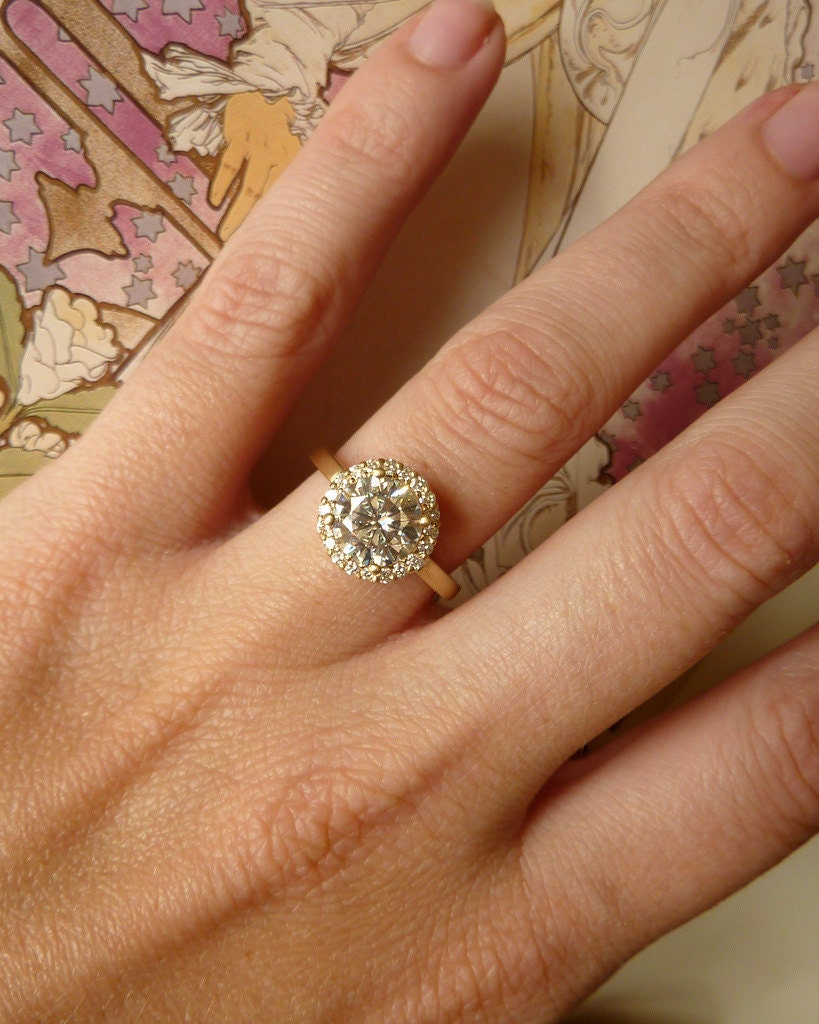 Round Moissanite and Diamond Halo Ring - 14k Yellow Gold