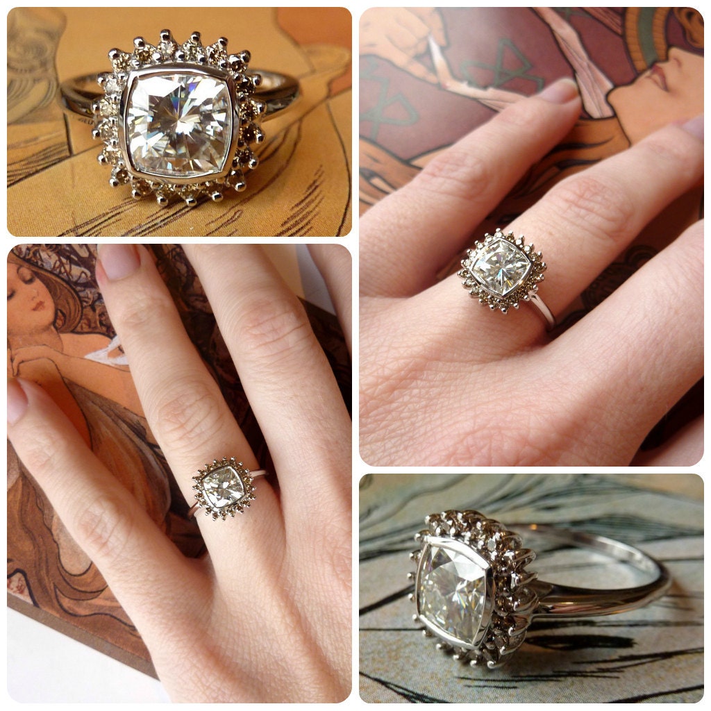 Antique Square Moissanite and Champagne Diamond Halo Ring
