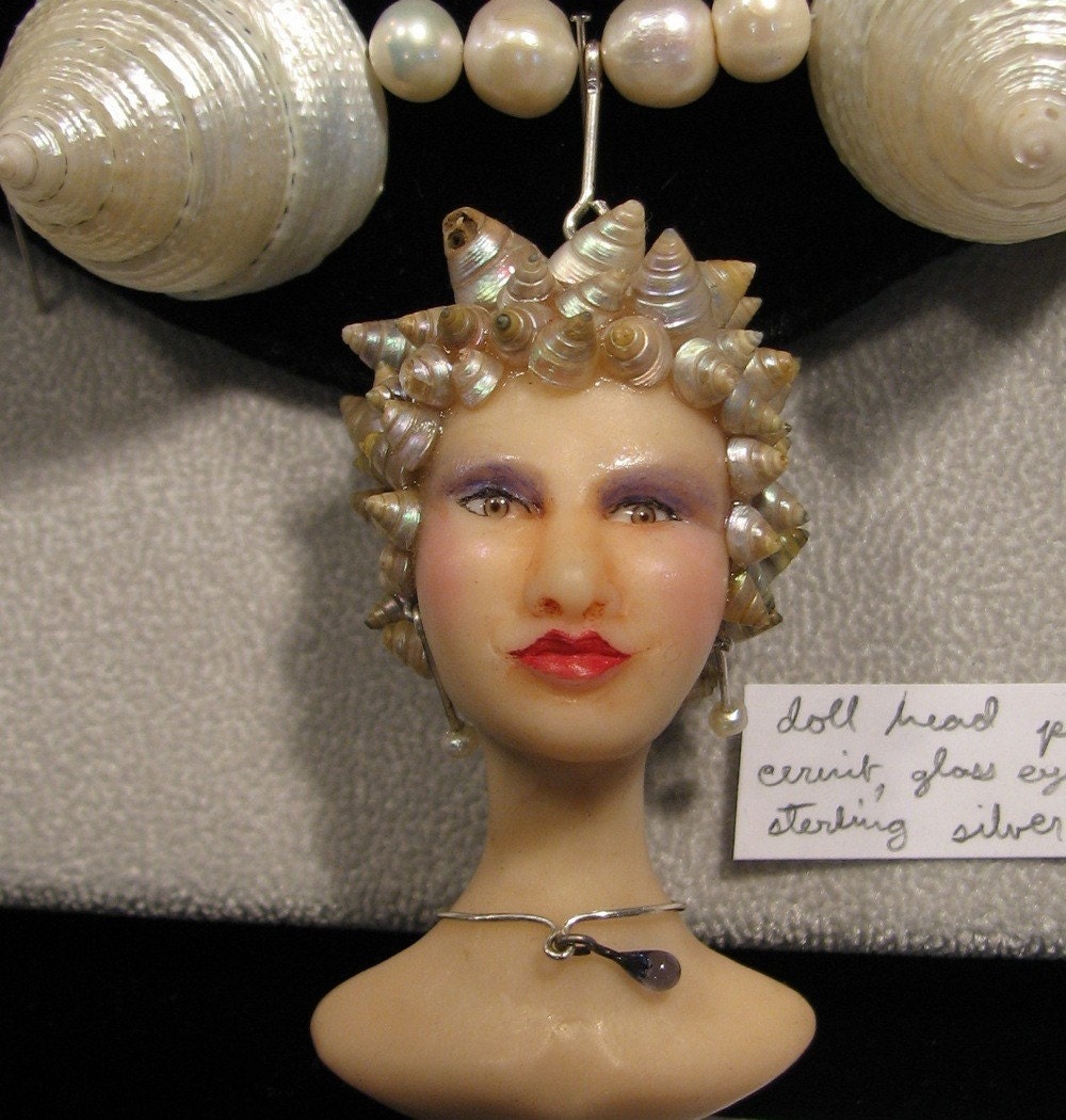 Hand- Sculpted Head Pendant on Pearl and Shell Necklace