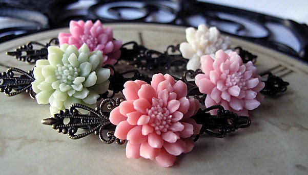 Flower Barrette, Flower Girl Gift, Bridesmaid Gift, Vintage Inspired Wedding, Flower Hair Clip, Pistachio , Coral, Cream, White, Pink