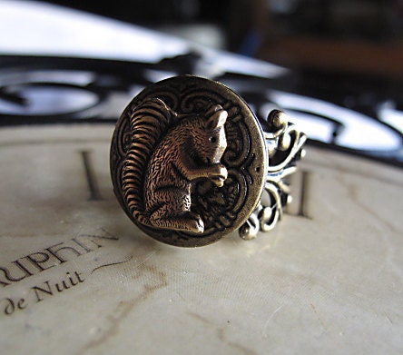 Squirrel Locket Ring, Antique Brass, Filigree Adjustable Ring,  Keepsake Bridesmaid Gift