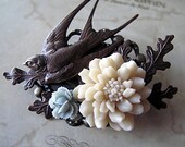 Bird Brooch Antique Brass,  Swallow, Cream and Blue Flowers, Grandmother Gift, Bouquet Embellishment