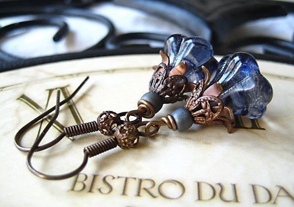 Something Blue, German Glass Flower Earrings, Vintage Inspired Wedding, Bridal Jewelry