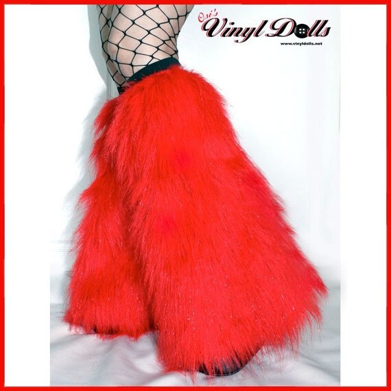 Rave Furry Boot Covers Glitter Bright Red Fuzzy by OsisVinylDolls