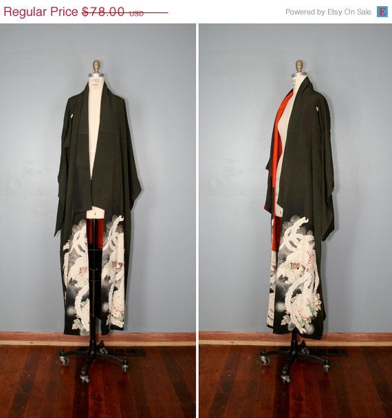 MAY SALE . vintage . silk . kimono . WINGED Migration . antique . 1950s . robe