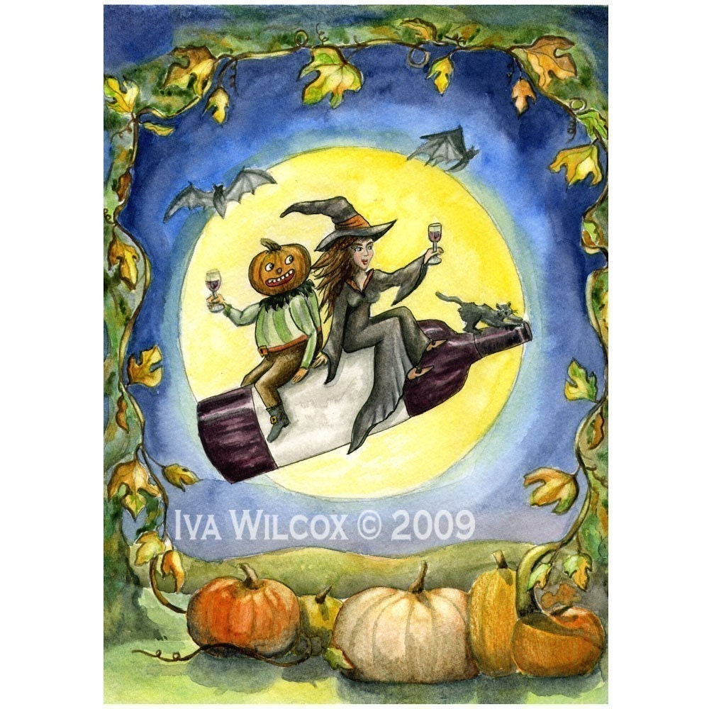 ACEO Limited Edition PRINT of My Original Watercolor Painting Halloween Witch Folk Art