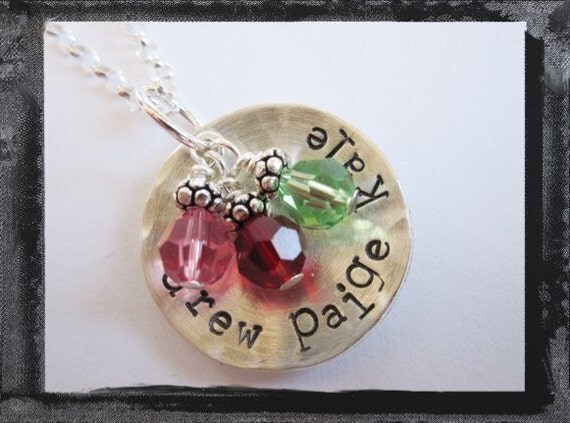 Hand Stamped Sterling Silver Hammered and Textured Pendant Necklace with Birthstones