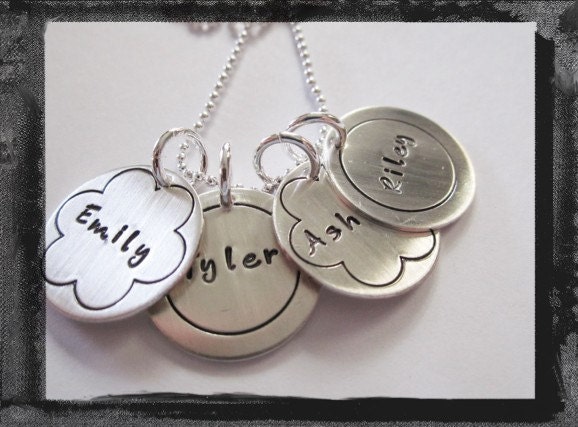 Hand Stamped Necklace with 2 flower charms and 2 Circle Charms