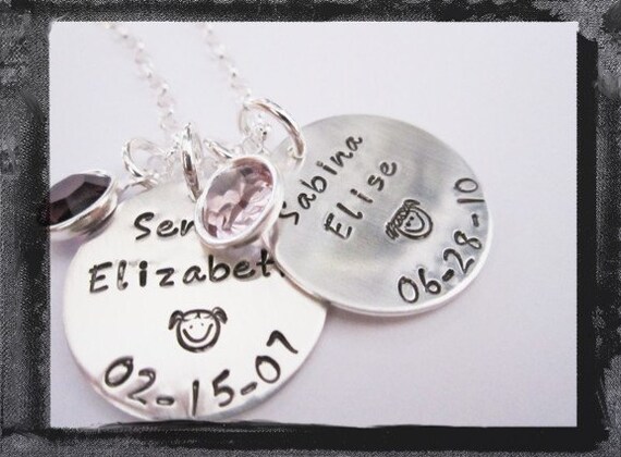 Hand Stamped Necklace - Personalized Jewelry - Sterling Silver 2 disc Birthdate Necklace with Design Stamp and Birthstone