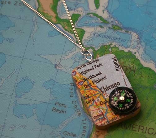 Map and Compass necklace in sterling silver  custom or personalized with recycled maps
