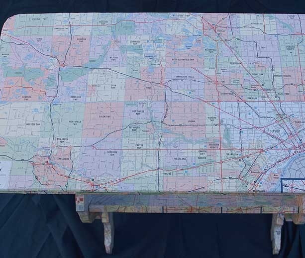 Recycled map end table--Detroit, Michigan