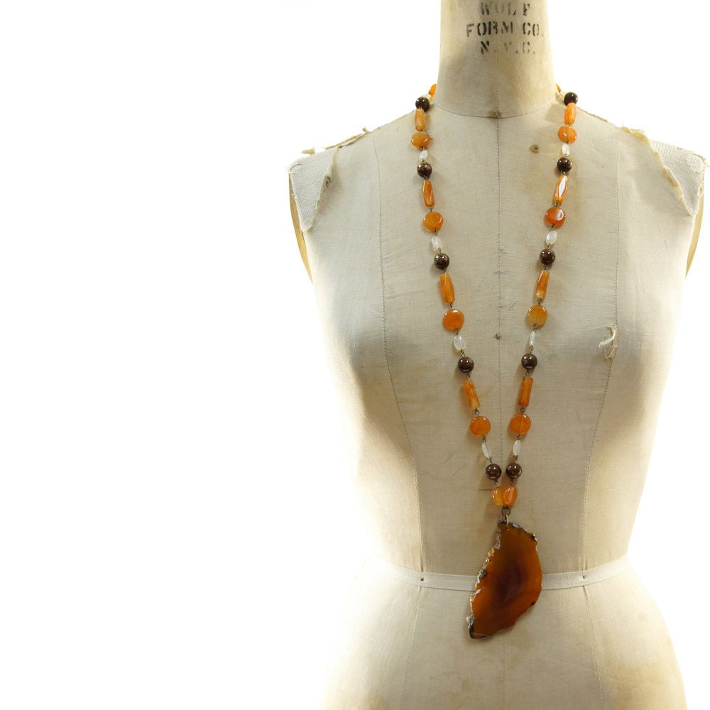 Agate Slice Necklace with Long Beaded Agate Chain vintage 70's