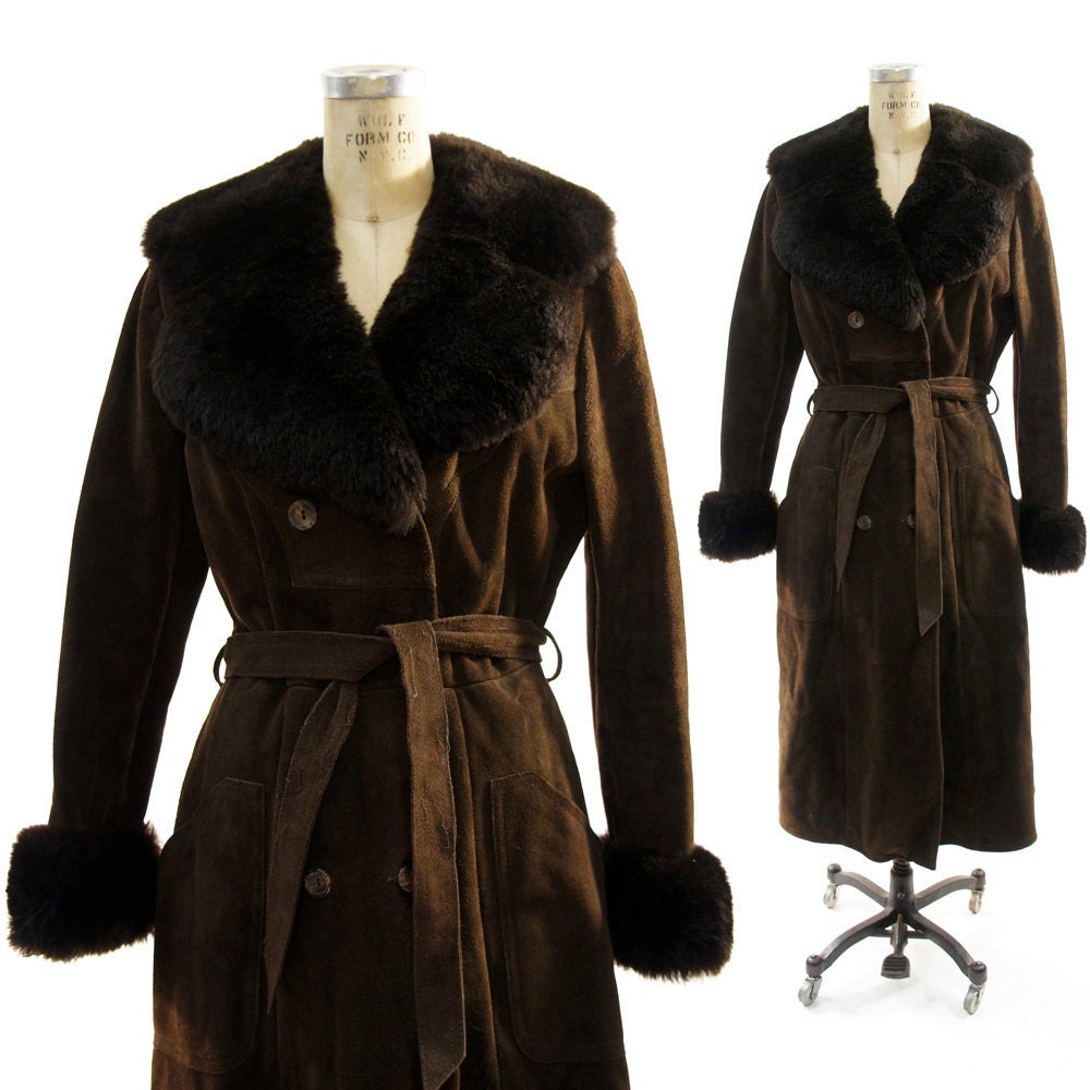 RESERVED for amymdana SALE 60's Suede Swing Coat with Huge Faux Fur Collar Cuffs & Lining