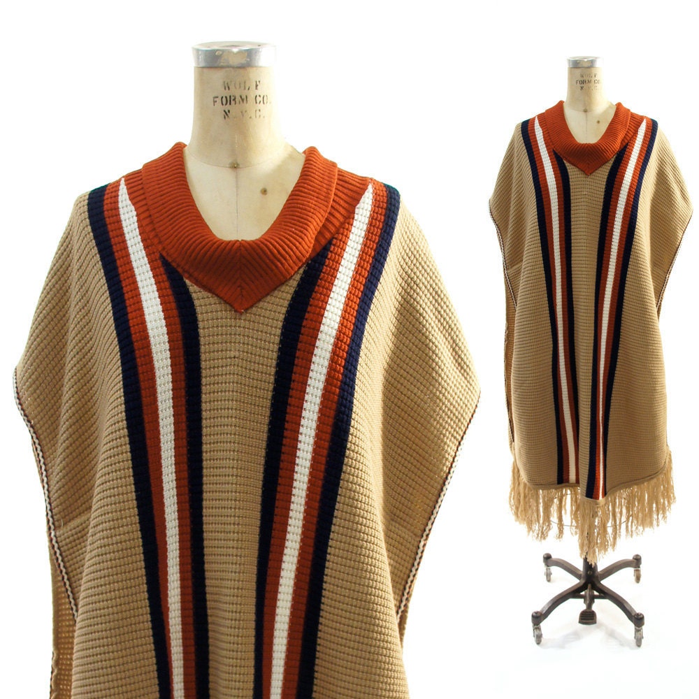 60s Fringed Knit Sleeveless Poncho with Turtleneck