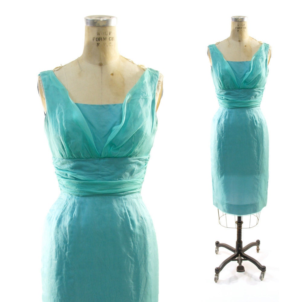 50s Cocktail Wiggle Dress in Turquoise Silk with Turquoise Chiffon Overlay / Handmade