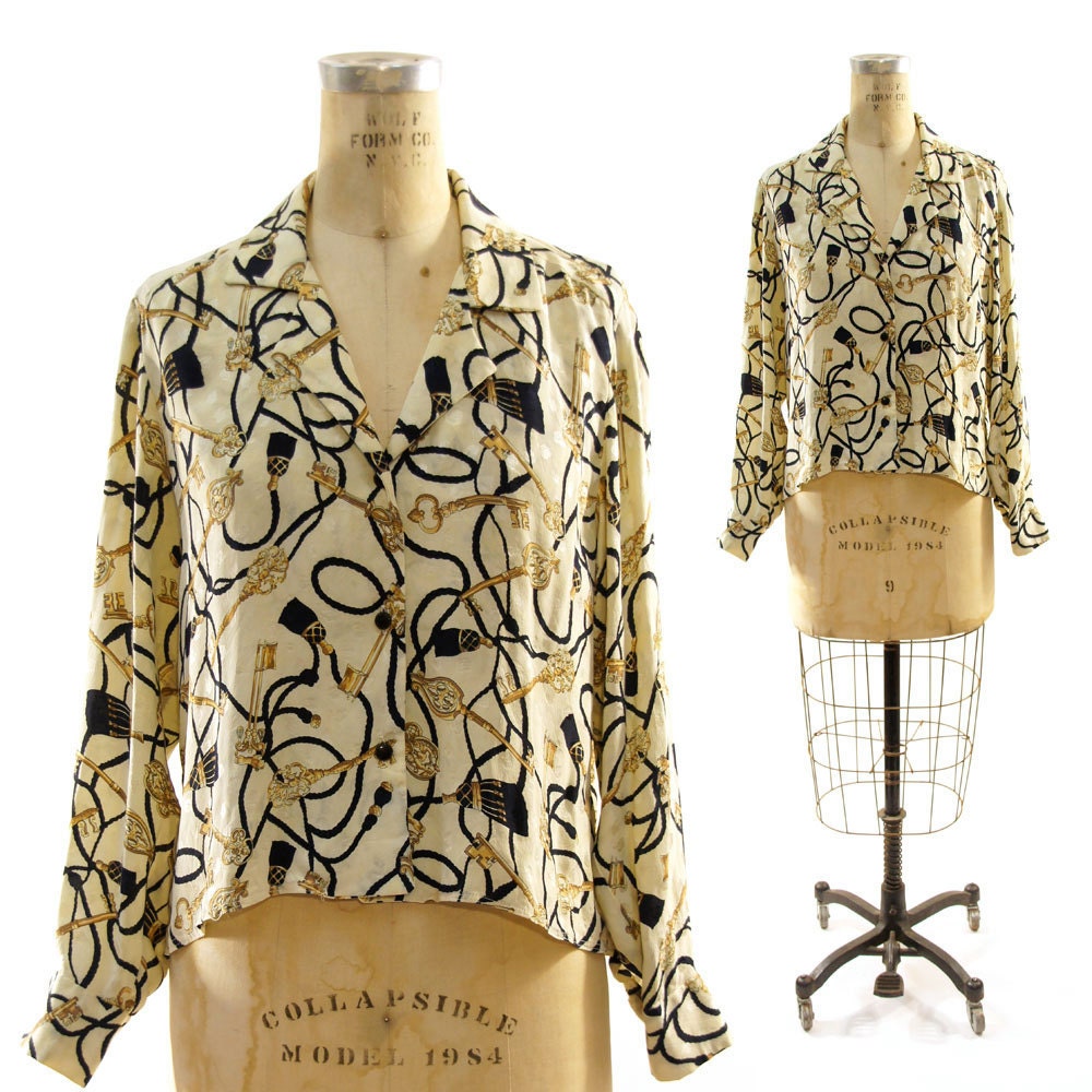 80s Silk Skeleton Key & Tassel Button Up Blouse a la Chanel