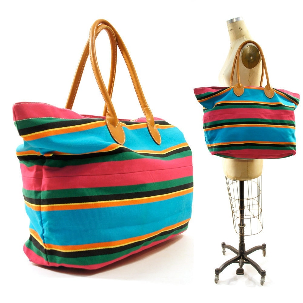 80s BIG Striped Tote / Beach Bag with Leather Shoulder Straps / by Unisa
