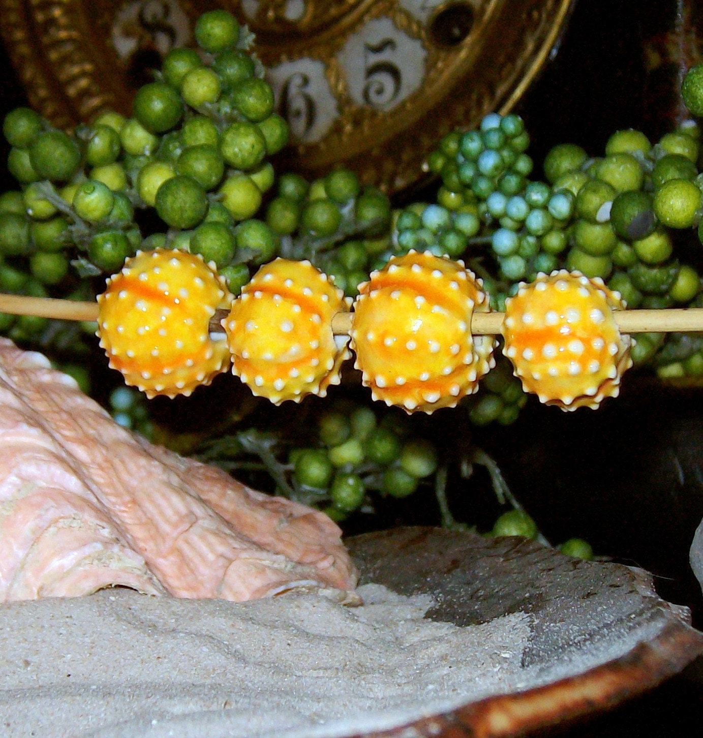 handmade sea urchin beads - 4 yellow orange for necklace or jewelry creations porcelain ceramic - by Earth N Elements Pottery