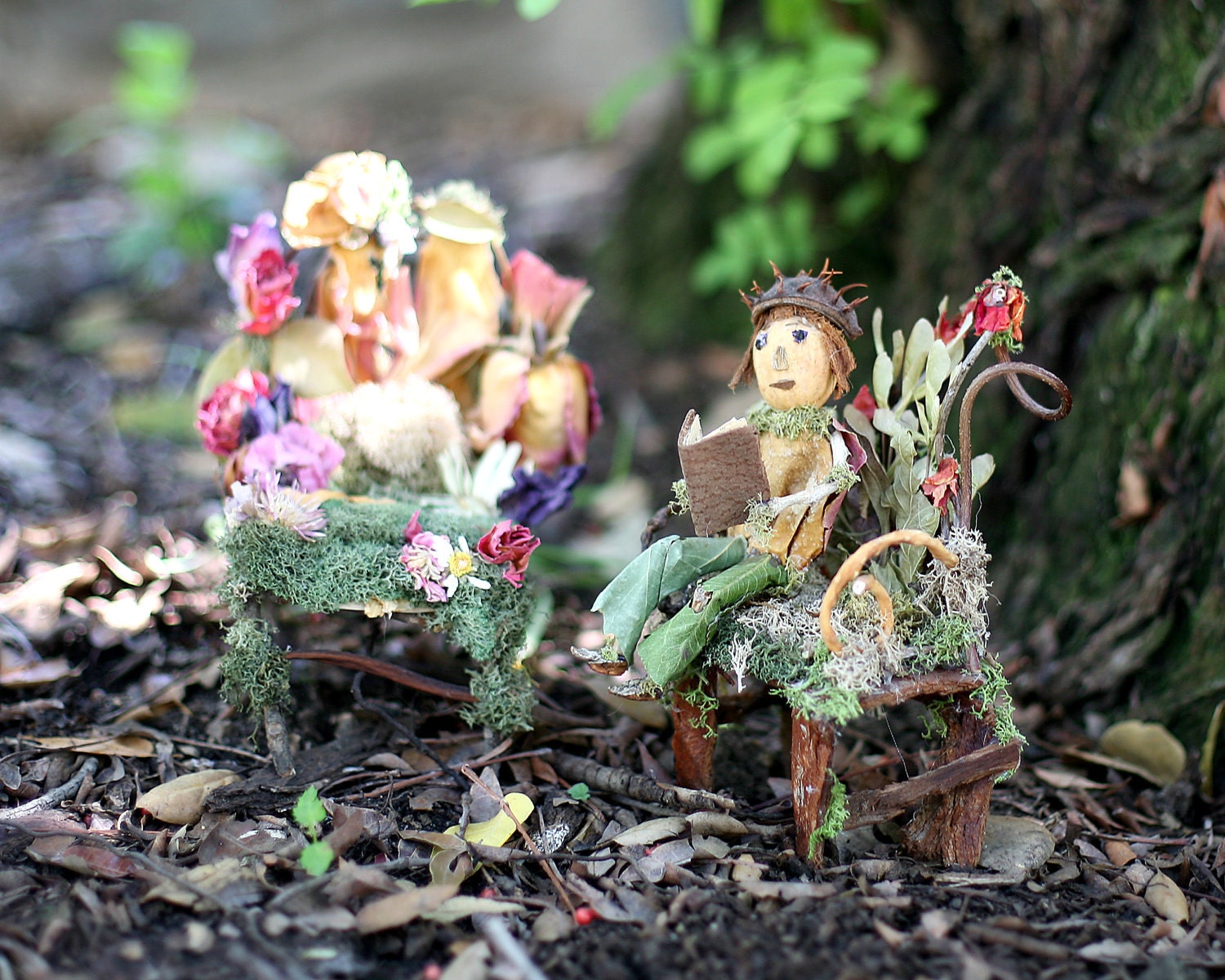 Photo Card, Fairy Furniture and Woodland Elf, "The Elf who Loved to Read"
