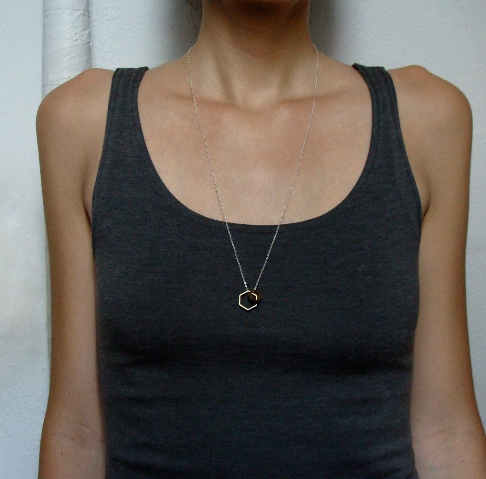 Paired Hexagons Silver and Brass Contrast Necklace