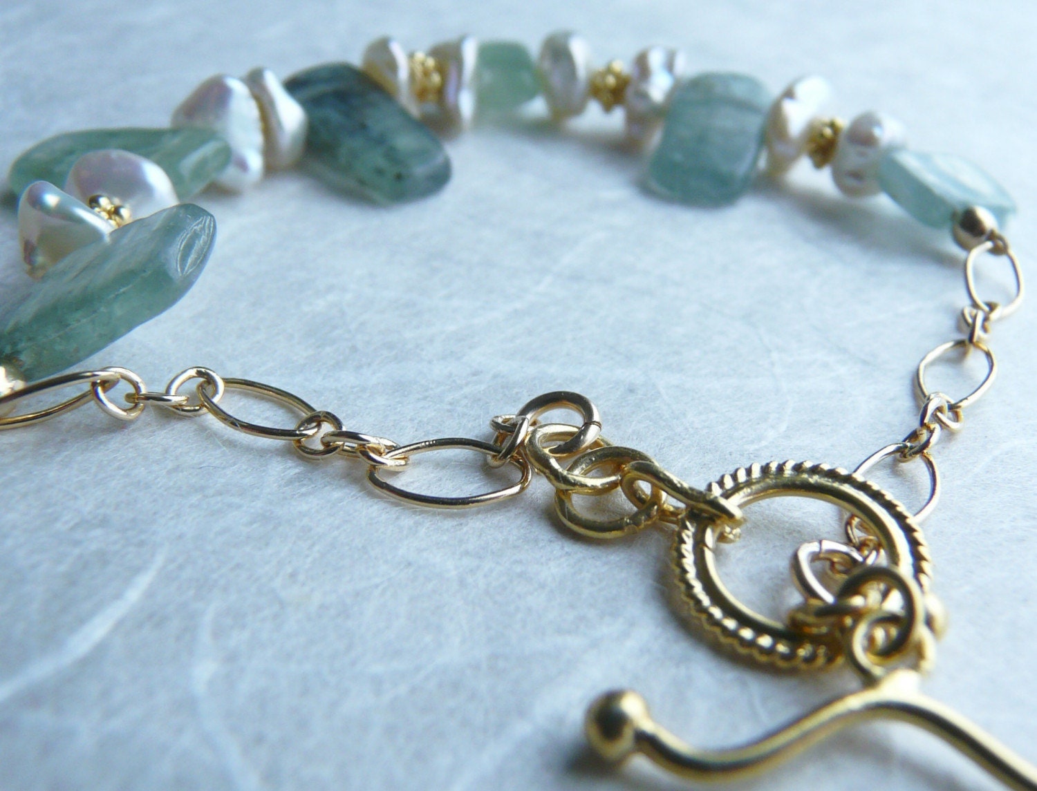 50% OFF SALE - Divinity - Green Kyanite, Keishi Pearl and Gold Filled Bracelet
